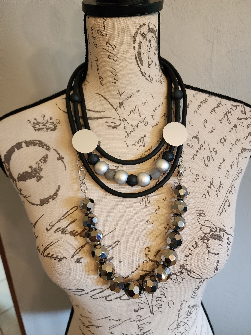 2 Statement Necklaces, Silver Beaded and Black Rubber Cords